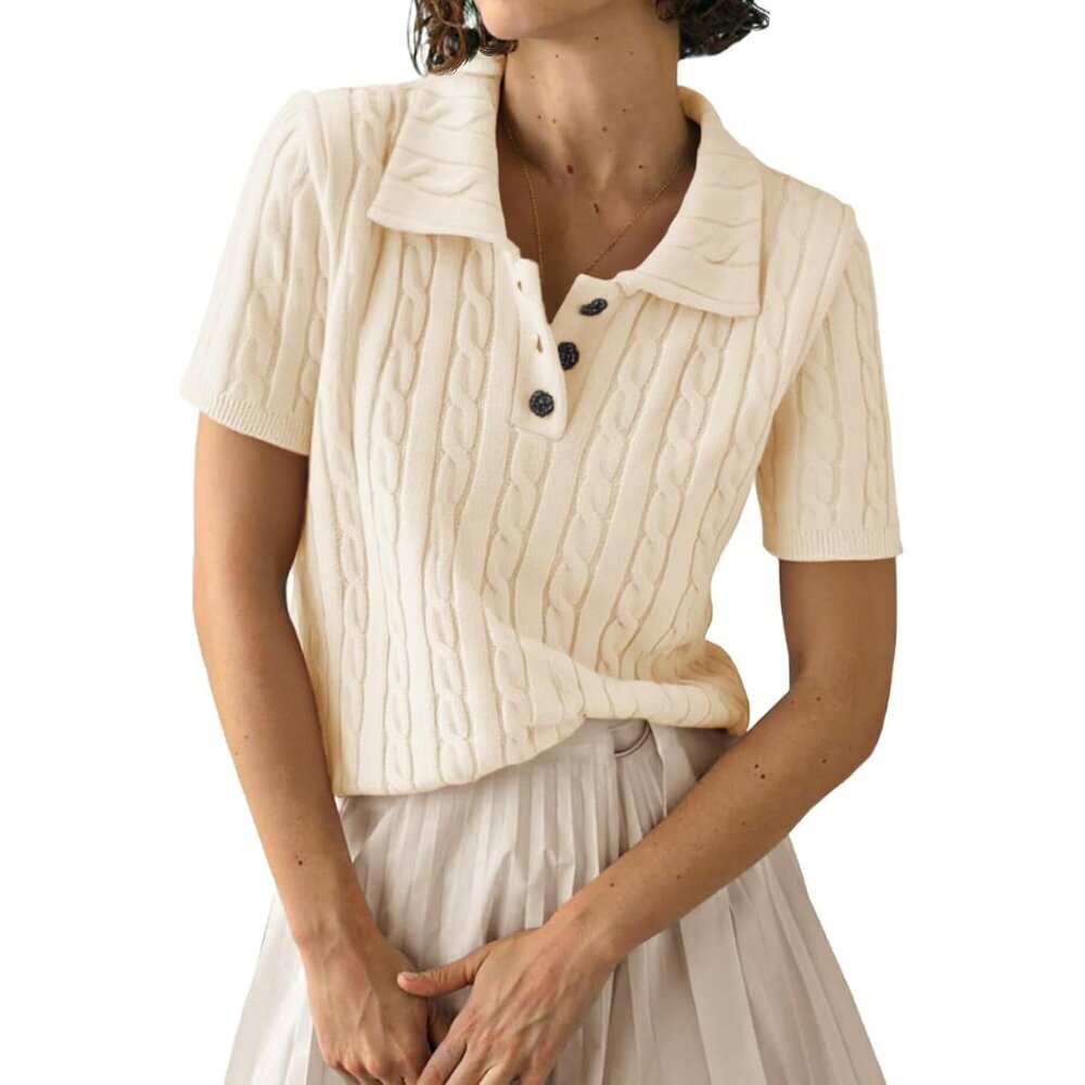 Womens Polo V Neck Pullover Lightweight Short Sleeve Cable Knit Sweater